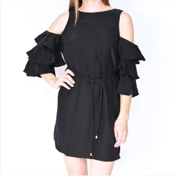 REVOLVE AMANDA UPRICHARD BLACK SILK COLD SHOULDER RUFFLE SLEEVE BELTED DRESS - Picture 1 of 12